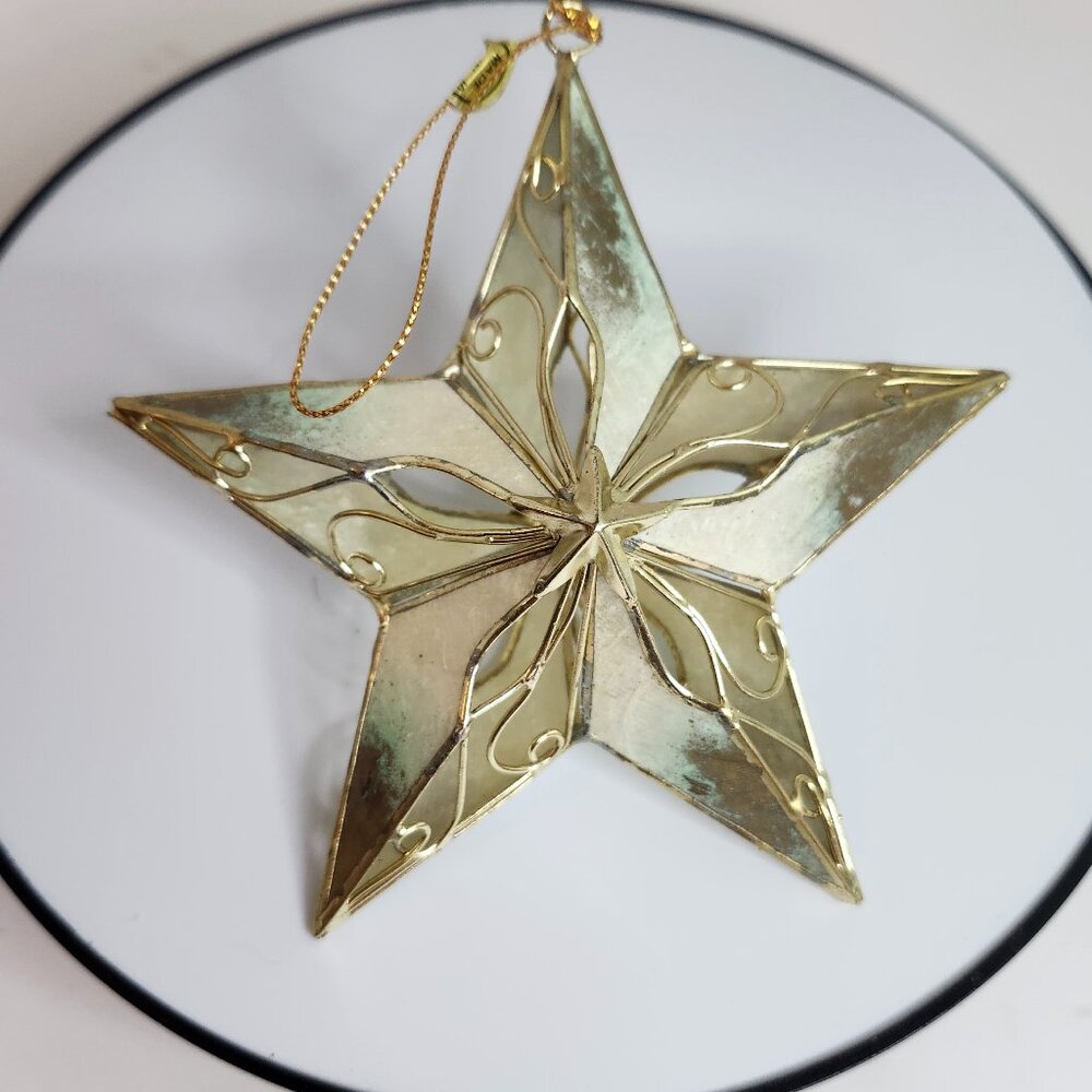 Vtg (3) Christmas Ornament 3-D Capiz Shell & Wire Star Goldtone Handcrafted